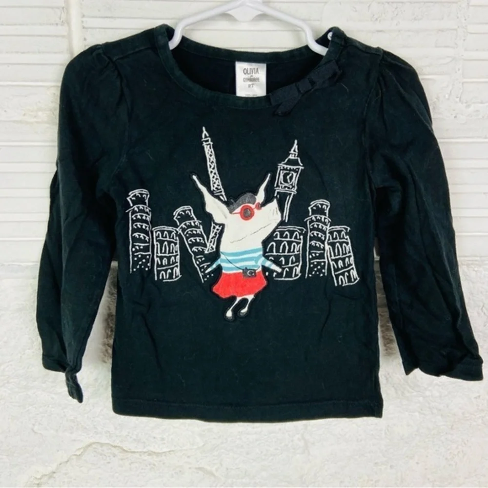 Olivia for Gymboree Black Long Sleeve cotton Tee with Cityscape Design SZ 2T